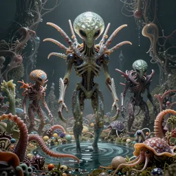unspaceship, aliena, gelatinosis glass, the omni, fluox symbiosi crusta, retro futurism octane render, fluida, by peter mohrbacher, nudibranch, phantastica, lush layered biomechanical fauna, artificia, gekko soles gelatin brains, mollis, vortices micro water, gekkolings, chaos