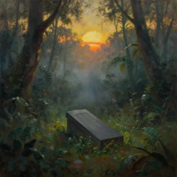 single grave in moody foggy jungle with  backlight , sunset  oil painting panorama by  frazetta