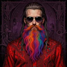 detailed hipster skinny man with sunglasses, long vibrant colored beard, dmt, by james gurney + intricate and vibrant red shirt + portrait + trending on artstation + incredible gothic illustration + exquisite detail