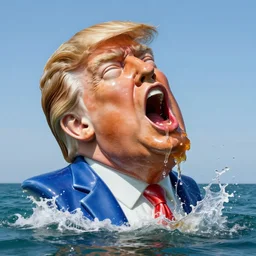 a massive porcelain sculpture of a surreal distorted donald trump vomiting jelly from the mouth on the ocean water, in the style of johnson tsang, by vincent di fate, artgerm julie bell beeple, grotesque sculpture, gross colours, cinematic, hyper - realistic, very detailed, realistic water splashes, ray tracing, sharp focus, low angle, 8 5 mm lens