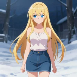 a very beautiful anime girl, full body, long golden hair, sky blue eyes, full round face, short smile, mini jeans skirt, cute top, winter setting, cinematic lighting, medium shot, mid-shot, highly detailed, trending on Artstation, Unreal Engine 4k, cinematic wallpaper by Stanley Artgerm Lau, WLOP, Rossdraws, James Jean, Andrei Riabovitchev, Marc Simonetti, and Sakimichan