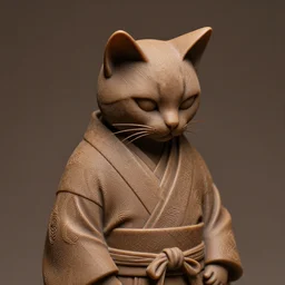 demure anthropomorphic cat figurine wearing a kimono, brown resin, highly detailed, intricate, monotone, head tilted down