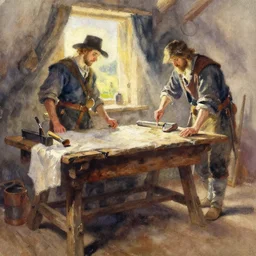 paint brush strokes, abstract watercolor painting of medieval workbench, cloth, backlit western scene, art by hans dahl, by jesper ejsing, art by anders zorn, wonderful masterpiece by greg rutkowski, cinematic light, american romanticism by greg manchess, creation by tyler edlin