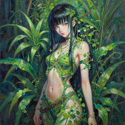 the cyberpunk princess overgrown by plants. this oil painting by the award - winning mangaka has interesting color contrasts, plenty of details and impeccable lighting.