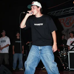 19-year-old white boy wearing backwards baseball cap, baggy jeans, rapping into microphone, nü metal concert, rap metal, alternative metal, 1999 photograph
