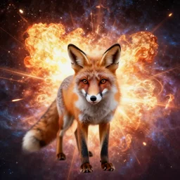 fox fading into the universe surrounded by explosions