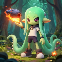 cuate anime splatoon a humanoide with tentacles alien in the pine forest with his spaceship on fire
