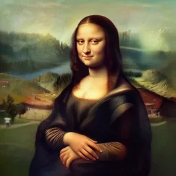 A girl that looks like the mona lisa with beautiful switzerland landscape in the background