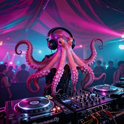 low angle photo of a single octopus! as a dj! wearing headphones! with tentacles! placed turntables! cdjs! and knobs! of a pioneer dj mixer! at psytrance! festival! fuchsia and cyan lighting, wide angle, trending on artstation, by huang guangjian and gil elvgren and sachin teng, 8 k detail, volumetric lighting