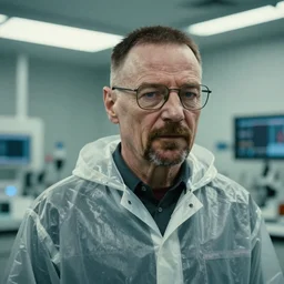 Cinestill 50d, 8K, highly detailed, breaking bad style 3/4 extreme closeup portrait, eye contact, focus on clear transparent raincoat walter white model, tilt shift zaha hadid style laboratory background: famous blade runner remake, new mexico lab scene
