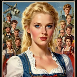 detailed - face!!!, highly detailed german ww 2 upper - body pinup poster of young german blonde blue eyed woman wearing a dirndl, stephen bliss, unreal engine, fantasy art by greg rutkowski, loish, rhads, ferdinand knab, makoto shinkai and lois van baarle, ilya kuvshinov, rossdraws, tom bagshaw, global illumination, radiant light, detailed and intricate environment