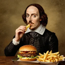 shakespeare eating a whopper and fries