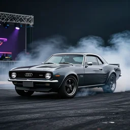 audi camaro b 1 ( 1 9 6 9 ) drifting, phonk music background, smoke behind wheels, noise, dark, establishing shot