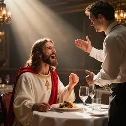 jesus christ in a robe and red scarf, in a restaurant, on a date, yelling at a waiter