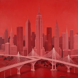 carmine by barbara takenaga rich. a beautiful experimental art of a cityscape with tall spires & delicate bridges.