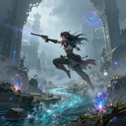 landscape of Aloy in misty mysterious astral temple  jumpin with pistol in river of chromatic SPIRITS , beautiful, dmt, trending on artstation, omnious, soft, artwork by Wong, Liam