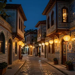 winding street at midnight in a very old very beautiful city by George Price Boyce  and Nicholas Roerich and Maxfield Parrish, glowing paper lanterns, strong dramatic cinematic lighting , ornate tiled architecture, lost civilizations, smooth, sharp focus, extremely detailed