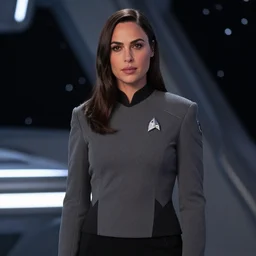 Gal Gadot, in full starfleet uniform, is the captain of the starship Enterprise in the new Star Trek movie