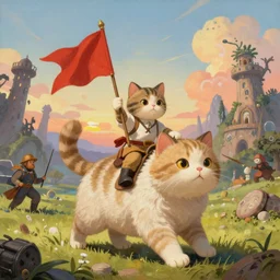 a hyper real comic book style portrait painting in which a small cat holding a flag is riding a large fluffy cat on noble quests and into battle where backgrounds are wild and interesting with fascinating skies and epic terrain