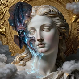 close up photography of beautiful goddess face melting into black squid glowing transluscent glowing liquid full of radiation in style of michelangelo epic masterpieces with intricate details and clouds, golden filigree, abstract sculpture, half low poly, wlop and beeple