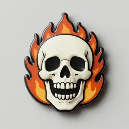 a retro vintage minimalistic laughing smiling skull bones with fire flame enamel pin, hd, concept art