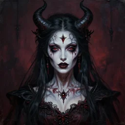 A very detailed horrifying portrait painting of the princess of darkness, patterned skin, occult, 8k, trending on artstation cgsociety, masterpiece, in the style of DiscoDiffusion.