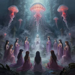 A painting of priestesses worshipping at the jellyfish temple, shrouded in mist, jellyfish god, undersea temple, 8K, illustration, art by artgerm and Makoto Shinkai and Hitoshi Ashinano, smoke, cinematic, atmospheric, insanely detailed and intricate, hypermaximalist, elegant, super detailed, award-winning, puce and vermillion, mysterious, ancient, ritual, ethereal, forgotten lore, artstation HQ