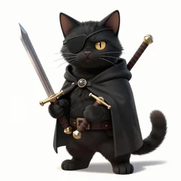 khajit tabaxi catfolk humanoid with maine coon features with an eye patch on the left eye and black fur holding two shortswords cloaked in shadow and wearing hooded leather armor toned muscle, dungeons and dragons, pure white background, fantasy, tarot card style, half body portrait, high detail, hyper realistic