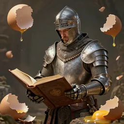 ultrarealistic, 3 d render, photographic portrait of a lifelike medieval armored knight that is reading a giant book, surrounded by broken eggshells and yolk, highly intricate, dramatic lighting, cottagecore, extremely detailed, concept art, award - winning, masterpiece, art by alex grey