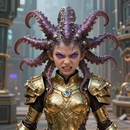 artstation young teen with purple eyes and tentacles on her head in fury, very detailed, in glass town, portrait, ultra realistic, very intricate gold armor