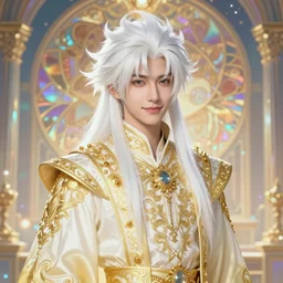 fullbody portrait of a young hero with strange hairs, soft smile, baroque cloth, luminous scene, final fantasy and legue of legends champion, by chengwei pan and alpfons mucha, gradient white to gold, in front of an iridescent magical building background, highly detailed portrait, digital painting, smooth, focus illustration
