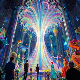 interior mythical glass temple, infinite fractal ascent, radiation waves, synthwave, bright neon colors, highly detailed, cinematic, eyvind earle, tim white, philippe druillet, roger dean, rene laloux, lisa frank, aubrey beardsley, kubrick