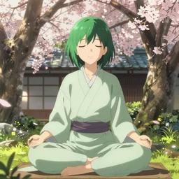 anime key visual of a woman with short green hair and a round face meditating near a japanese spring by ilya kuvshinov