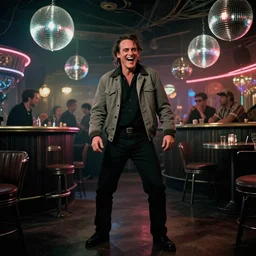 the full - body shot of laughing unkempt drunkard brawler joaquin phoenix with sideburns worn in grey jacket in steampunk disco bar, still shot from withnail & i movie with cinematography of christopher doyle, frostpunk, neon light, discoball light, anamorphic, optical flares, low contrast kodak film, sharp focus, 8 k