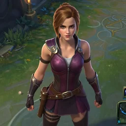 Emma Watson as a badass champion in league of legends. In game capture. 3D render.