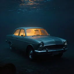digital art - an old car underwater with warm light inside it dark cold atmoshperic and cinematic by greg ruthkowski and craig mullins, trending on artstation