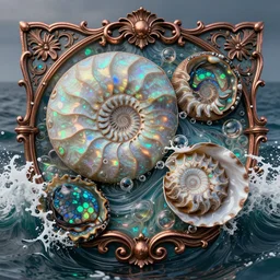 art nouveau cresting oil slick waves, hyperdetailed bubbles in a shiny iridescent oil slick wave, ammolite, detailed giant opalized ammonite shell, black opal, abalone, paua shell, ornate copper patina medieval ornament, rococo, oganic rippling spirals, octane render, 8 k 3 d, cresting waves and seafoam