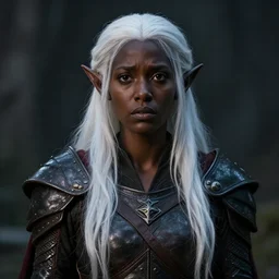 a portrait of a female drow elf, pitchblack skin, naive, innocent, worried, long white hair, slick leather armor, style by donato giancola, wayne reynolds, jeff easley dramatic light, high detail, cinematic lighting, artstation, dungeons and dragons