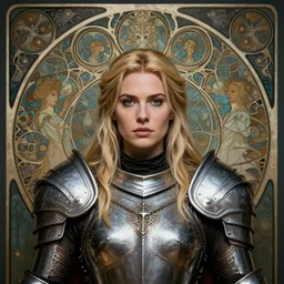 masterpiece head-on symmetrical centered portrait, Elisha Cuthbert as a Warcraft paladin warrior, wearing steel plate armour covering chest, blonde hair, masterpiece fractal art nouveau background, elegant, distant, gothic, medieval, in the style of Edgar Maxence and Ross Tran and Zdzisław Beksiński and Gustave Doré and H.R. Giger and Mucha, specular highlights, 8k, octane render