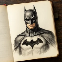 batman drawn in ancient notebook, detailed information, sketch style, leonardo davinci,