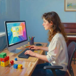 realistic painting portrait of a woman programming a computer, colorful computer screen, home office, colorful toys all over the floor, piano in the background, cosy, serene, morning light, detailed painting, vivid colors, solid color background