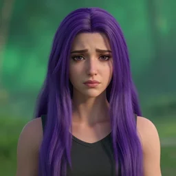 portait elissar zakaria khoury, centred, sadness look, long purple hair, hd, unreal engine, final fantasy style amazing green background theme