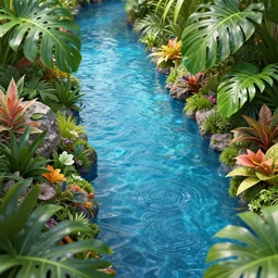 tropical leaves, flora and fauna and flowery rocks closeup by rippling blue water, path traced, environment, highly detailed, concept art, realistic, octane render, up close shot