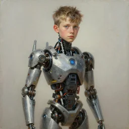 a portrait of a boy, half human half machine in a painting from stalenhag, 4 k, 8 k, hdr, artstation, concept art