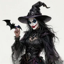 beautiful ancient witch with joker face uses bat magic, highly detailed, digital painting, artstation, sharp focus, illustration, art by tan zi and ayanamikodon and alphonse and wlop