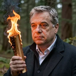 viktor orban in a forest, highly detailed face, holding a burning wood piece, by gustave courbet