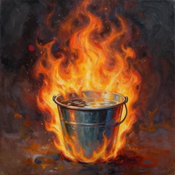a bucket of water in flames, chaotic painting, depicting remorse