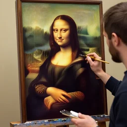 an artist painting the mona lisa, oil painting