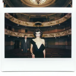 vogue giallo photoshoot in magnificent abandoned theater by annie liebovitz, fritz lang, and beksinski, cursed polaroid, 3 5 mm