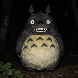 trail cam photograph of a terrifying totoro vampire with glowing eyes about to attack the camera from the shadows, gothic, horror film, claws, sharp teeth, aggressive violent realistic flash photography